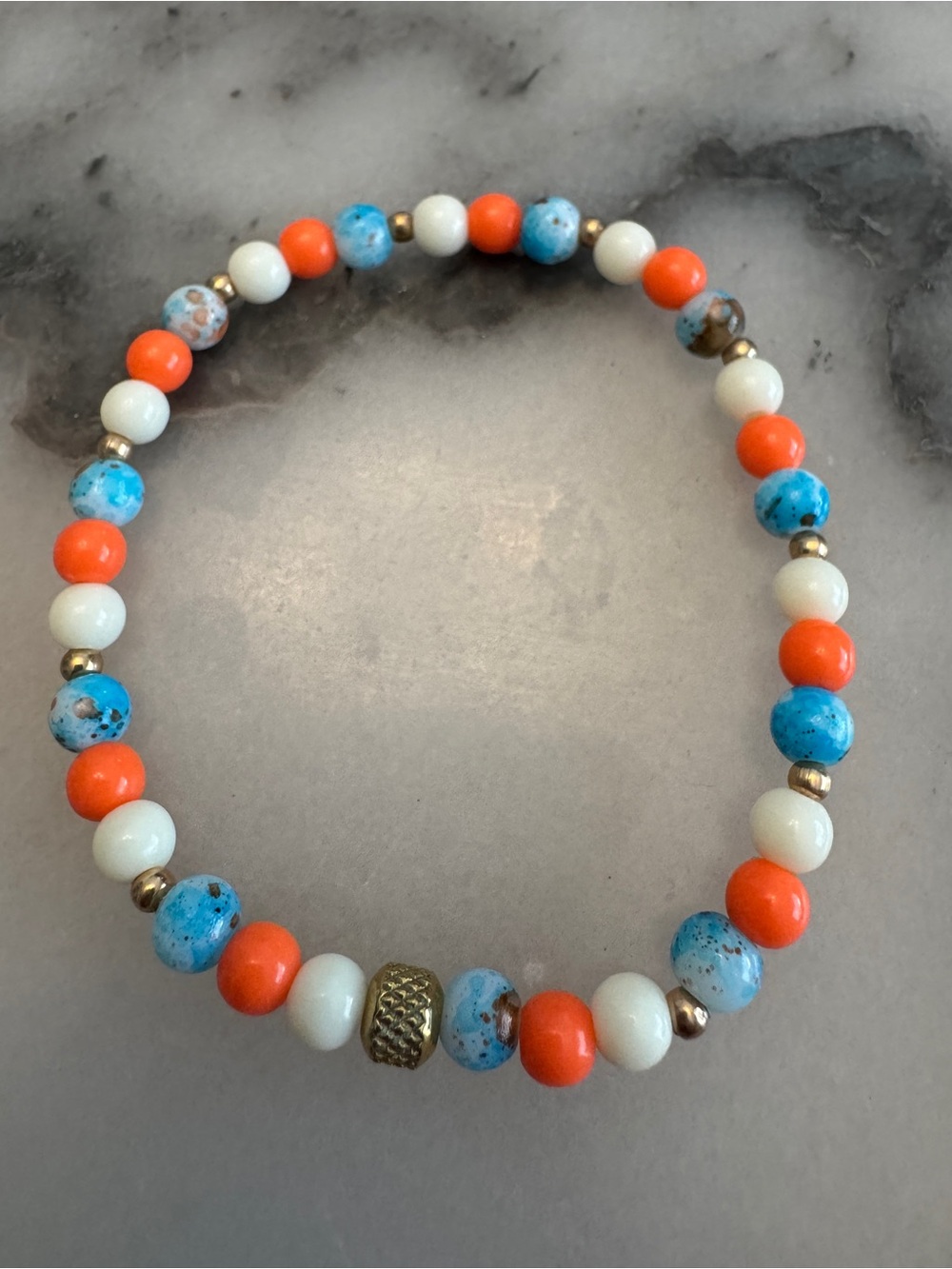 “OKC Thunder” Turquoise Blue, Coral Orange & White Beaded Stretch Bracelet